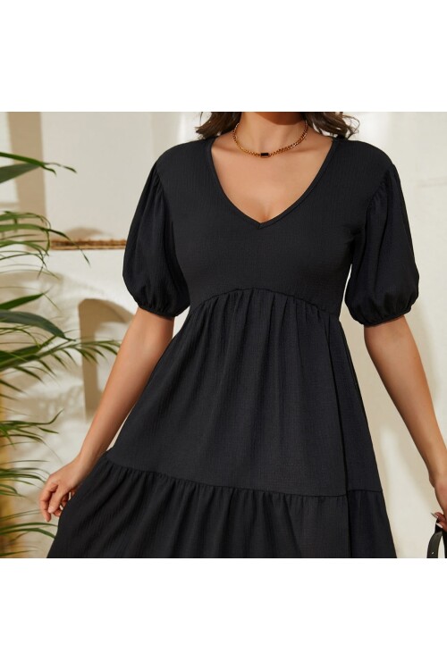 Siyah Karpuz Kol V Yaka Eteği Pile Detaylı Elbise