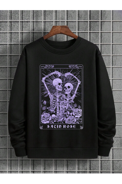 Siyah Önü Bisiklet Yaka Kalp Simgeleyen İskelet Baskılı Sacin Rose Uzun Kol T-shirt