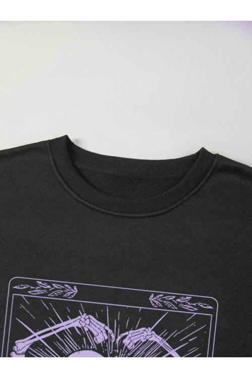 Siyah Önü Bisiklet Yaka Kalp Simgeleyen İskelet Baskılı Sacin Rose Uzun Kol T-shirt