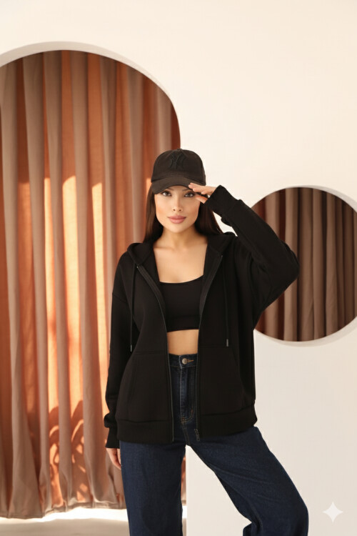 Siyah Oversize İçi Polar ve Fermuar Detaylı Kapüşonlu Kadın Sweatshirt