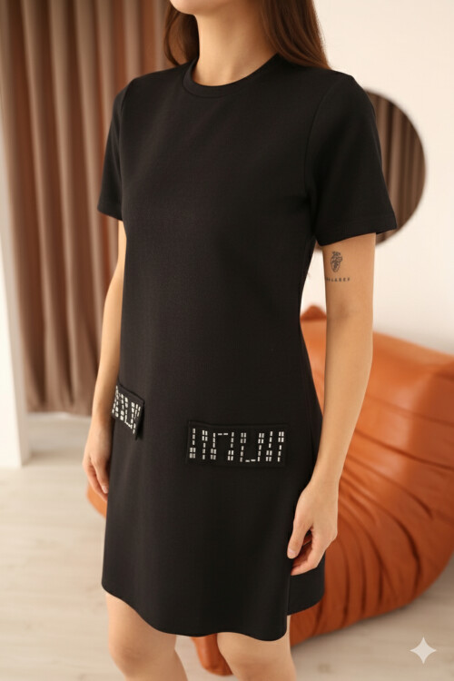 Siyah Süet Bisiklet Yaka Cepleri Taş İşlemeli Diz Üstü Kadın Elbise