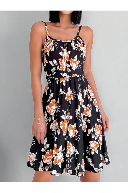 Siyah Turuncu Çiçek Desenli Kare Yaka Diz Üstü Askılı Elbise
