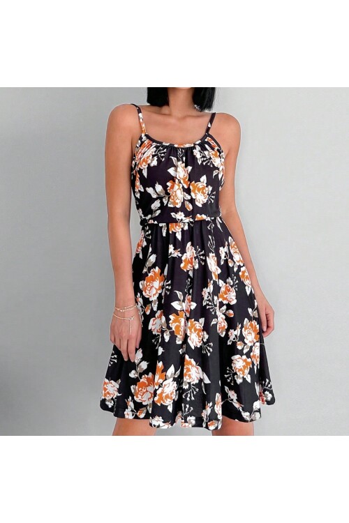 Siyah Turuncu Çiçek Desenli Kare Yaka Diz Üstü Askılı Elbise