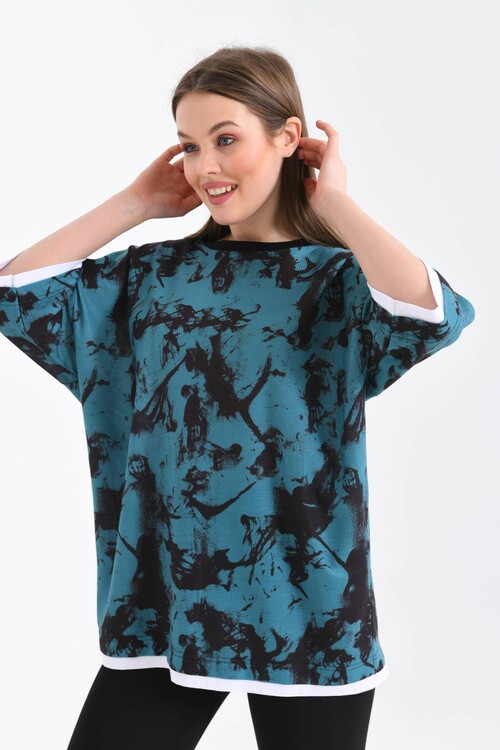 Unisex Koyu Mavi Geniş Kalıp Batik Desen Baskılı T-shirt