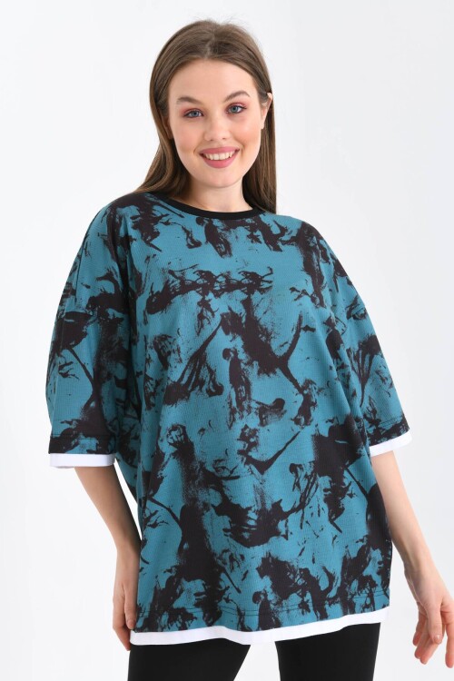 Unisex Koyu Mavi Geniş Kalıp Batik Desen Baskılı T-shirt