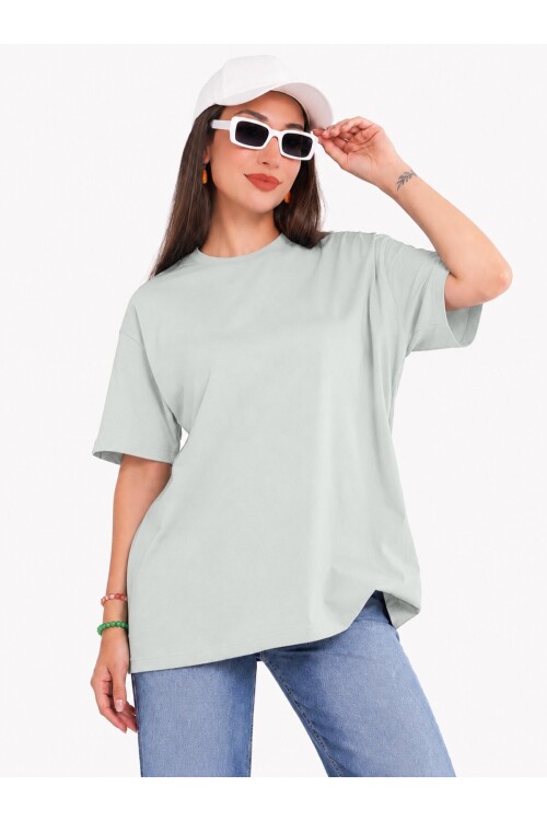 Yeşil Kadın Oversize Bisiklet Yaka Kısa Kollu T-shirt