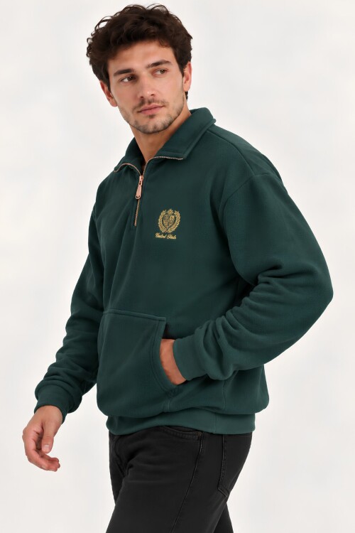 Yeşil Oversize Geniş Kesim Dik Yaka Anti-Pilling Polar Sweatshirt | Fermuarlı Uzun Kol | Su İtici Polyester Örme Kumaş | Erkek Rahat Kalıp
