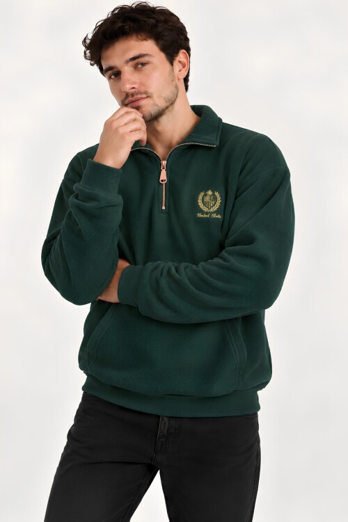 Yeşil Oversize Geniş Kesim Dik Yaka Anti-Pilling Polar Sweatshirt | Fermuarlı Uzun Kol | Su İtici Polyester Örme Kumaş | Erkek Rahat Kalıp