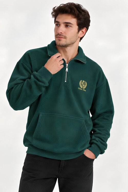 Yeşil Oversize Geniş Kesim Dik Yaka Anti-Pilling Polar Sweatshirt | Fermuarlı Uzun Kol | Su İtici Polyester Örme Kumaş | Erkek Rahat Kalıp