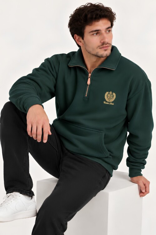 Yeşil Oversize Geniş Kesim Dik Yaka Anti-Pilling Polar Sweatshirt | Fermuarlı Uzun Kol | Su İtici Polyester Örme Kumaş | Erkek Rahat Kalıp