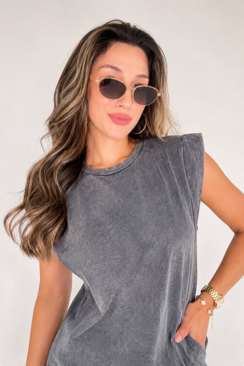Antrasit Yıkamalı Soluk Efektli Midi T-Shirt Elbise | Shift Düz Kesim Bisiklet Yaka | %100 Pamuk