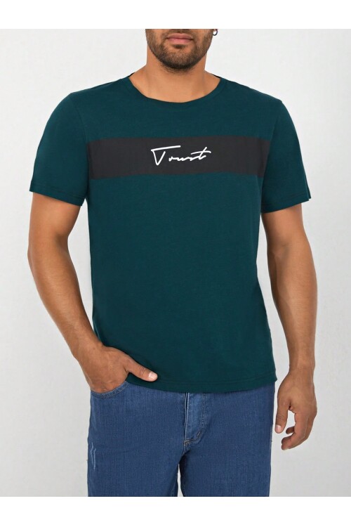 Zümrüt Yeşili Bisiklet Yaka Göğsü Trust Garni Basklı T-Shirt