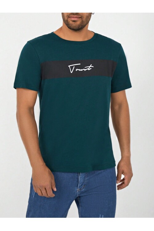 Zümrüt Yeşili Bisiklet Yaka Göğsü Trust Garni Basklı T-Shirt