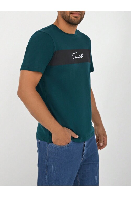 Zümrüt Yeşili Bisiklet Yaka Göğsü Trust Garni Basklı T-Shirt