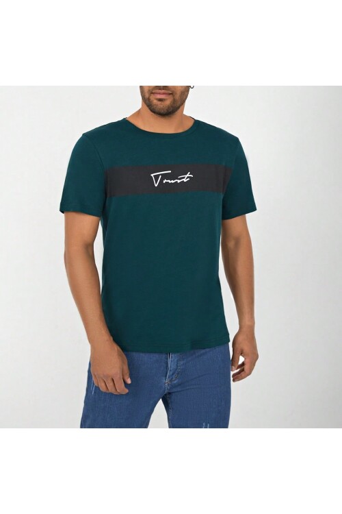 Zümrüt Yeşili Bisiklet Yaka Göğsü Trust Garni Basklı T-Shirt