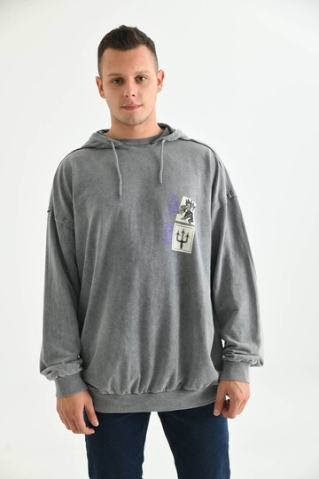 Antrasit Erkek Kapüşonlu Ocean Baskı Detay Sweatshirt