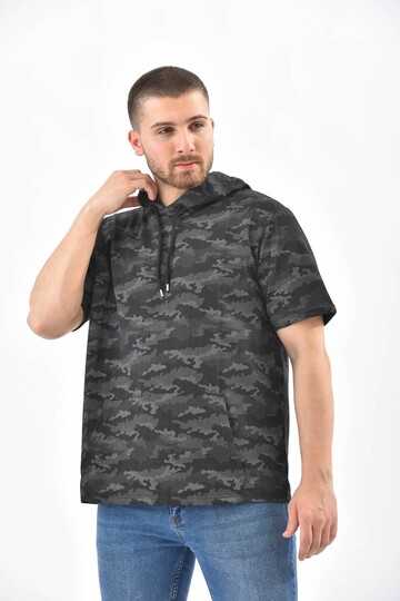 Anthracite Camouflage Pattern Hooded Short Sleeve Sweatshirt