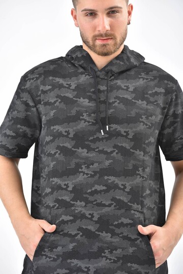 Anthracite Camouflage Pattern Hooded Short Sleeve Sweatshirt