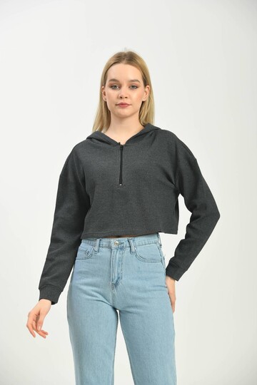 Antrasit Kapüşonlu Örme Crop Bluz
