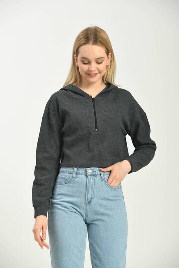 Antrasit Kapüşonlu Örme Crop Bluz