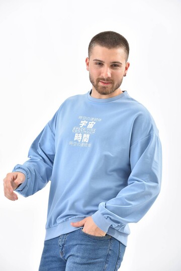 Bebe Mavi Bisiklet Yaka Ön ve Arka Baskılı Sweatshirt