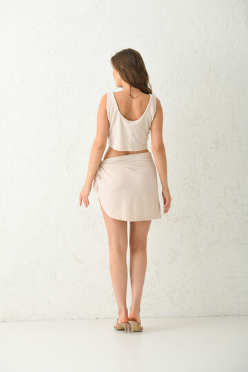 Beige Tie Detailed Mini Skirt & Bustier Set