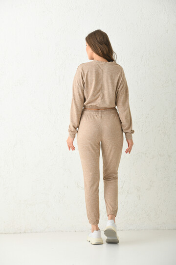 Beige Lacing Detailed Knitted Tracksuit Set