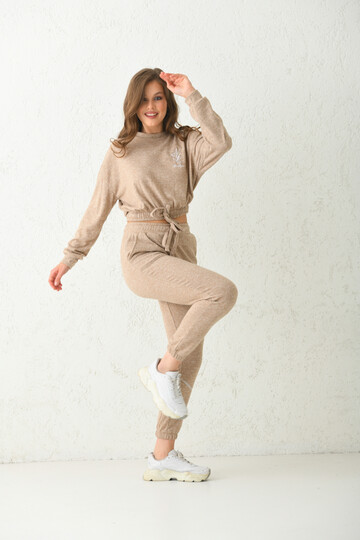 Beige Lacing Detailed Knitted Tracksuit Set