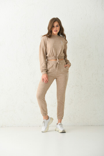 Beige Lacing Detailed Knitted Tracksuit Set