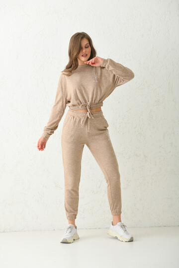 Beige Lacing Detailed Knitted Tracksuit Set