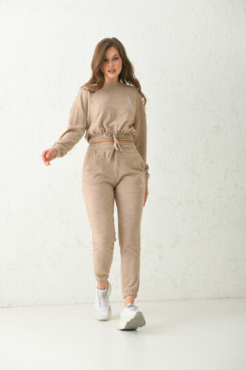 Beige Lacing Detailed Knitted Tracksuit Set