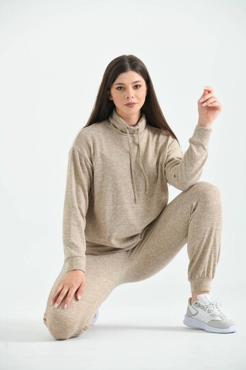 Beige Turtleneck Soft Knitted Pajamas Set