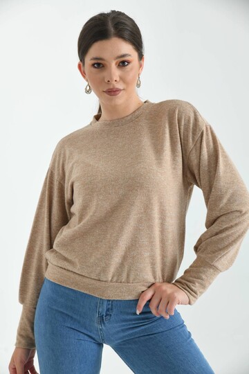 Beige Crew Neck Fluffy Knitted Blouse