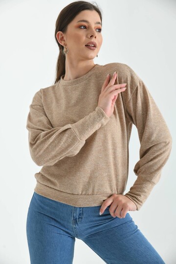 Beige Crew Neck Fluffy Knitted Blouse