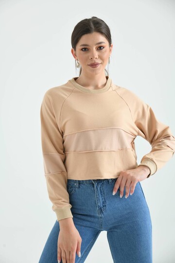 Bej Crop İnce Örme Sweatshirt