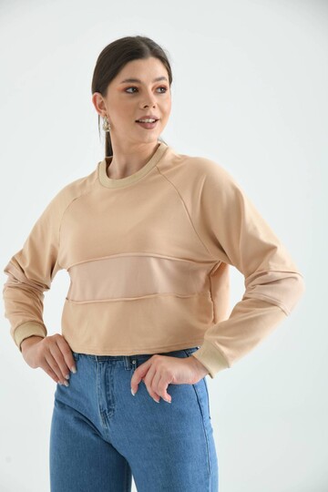 Bej Crop İnce Örme Sweatshirt