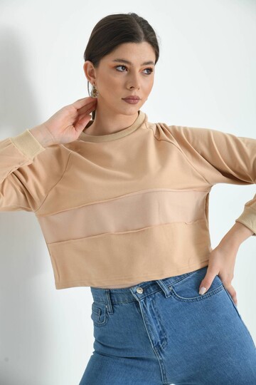 Bej Crop İnce Örme Sweatshirt