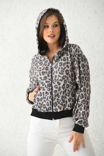 Bej Kapüşonlu Leopar Baskılı Sweatshirt