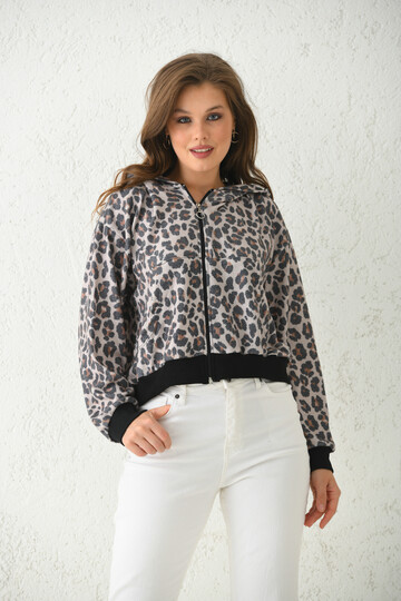 Bej Kapüşonlu Leopar Baskılı Sweatshirt