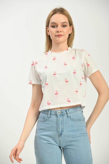 Beyaz Baskılı Crop Örme T-Shirt