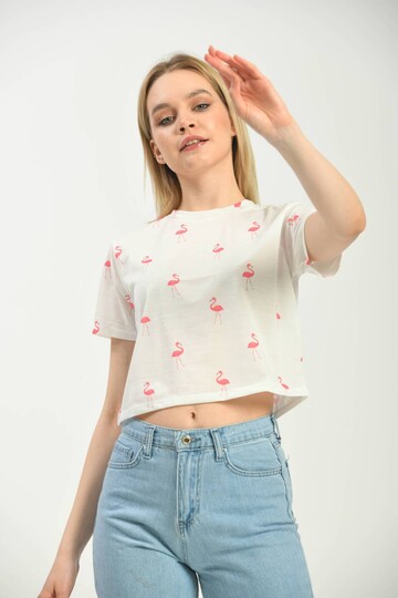 Beyaz Baskılı Crop Örme T-Shirt