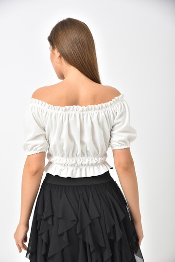 White Front Gathered Elastic Detailed Crop Blouse