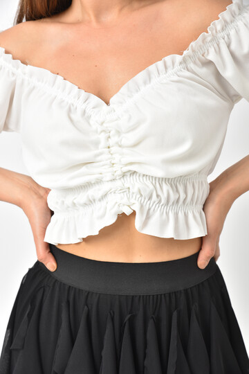 White Front Gathered Elastic Detailed Crop Blouse