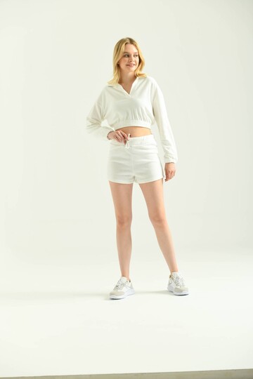 White Polo Neck Terry Fabric Knitted Crop Sweatshirt