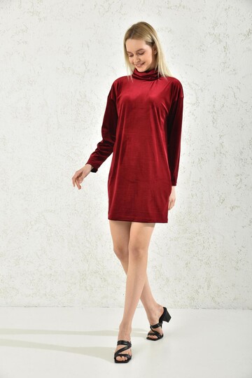 Bordo Balıkçı Yaka Mini Kadife Kumaş Elbise