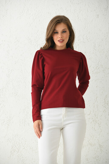 Bordo Balon Kol Detay İnce Basic Örme Sweatshirt