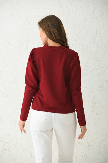 Bordo Balon Kol Detay İnce Basic Örme Sweatshirt