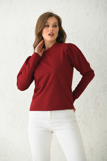 Bordo Balon Kol Detay İnce Basic Örme Sweatshirt