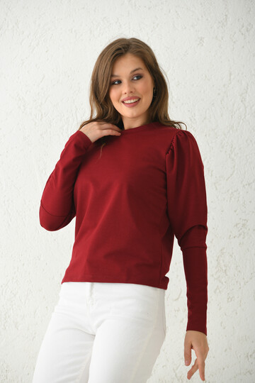 Bordo Balon Kol Detay İnce Basic Örme Sweatshirt