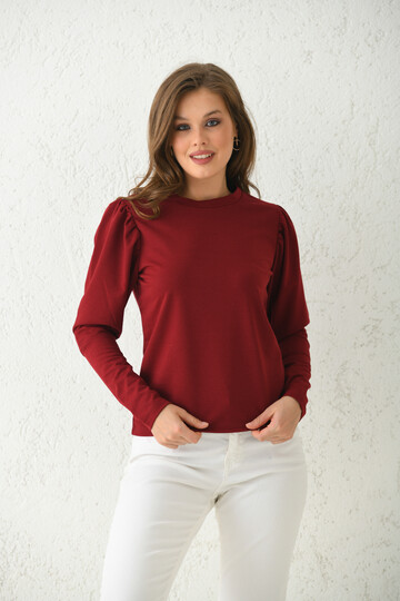 Bordo Balon Kol Detay İnce Basic Örme Sweatshirt